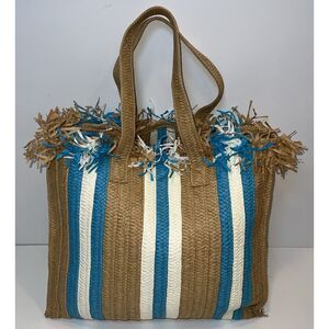 BTB Los Angeles‎ Woven Fringe Tote Blue Stripes Beach Bag Festival